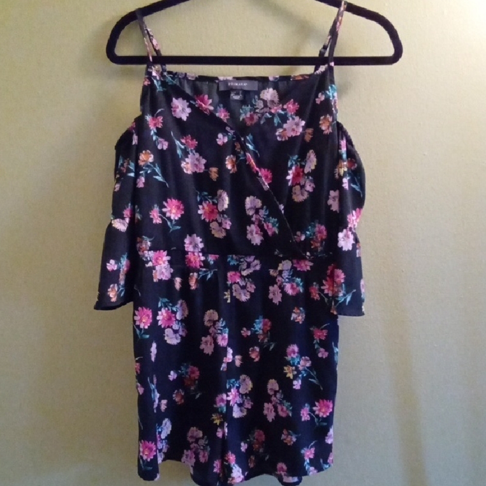 Womans 8 Primark Pink and Blue Ruffled Floral Camisole Romper Off Shoulder Flowy